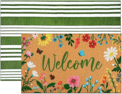 Tinideya 2 Pcs Spring Welcome Door Mat Floral Outdoor Layered Doormats - Image 8