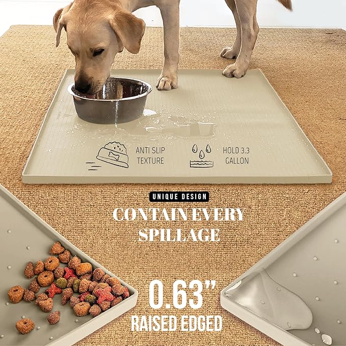 AVERYDAY 100% Waterproof Thicker Silicone Dog Food Mat, 0.63'' Raised Edge Bowl - Image 3