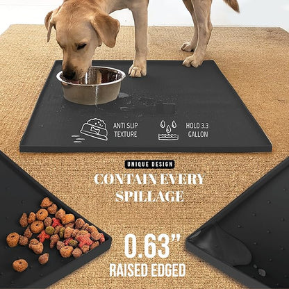 AVERYDAY 100% Waterproof Thicker Silicone Dog Food Mat, 0.63'' Raised Edge Bowl - Image 3