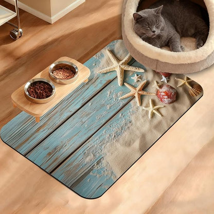 Sand Starfish Dog Cat Food Mat, Wood Board Absorbent Waterproof Placemat by Unknown