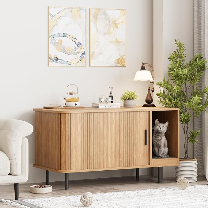 Cat Litter Box Enclosure with Cat Scratch Pad, Sliding Door, 37.4" Litter Box - Image 8