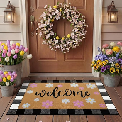 Tinideya 2 Pcs Spring Welcome Door Mat Outdoor Pink Flower Doormats by Tinideya