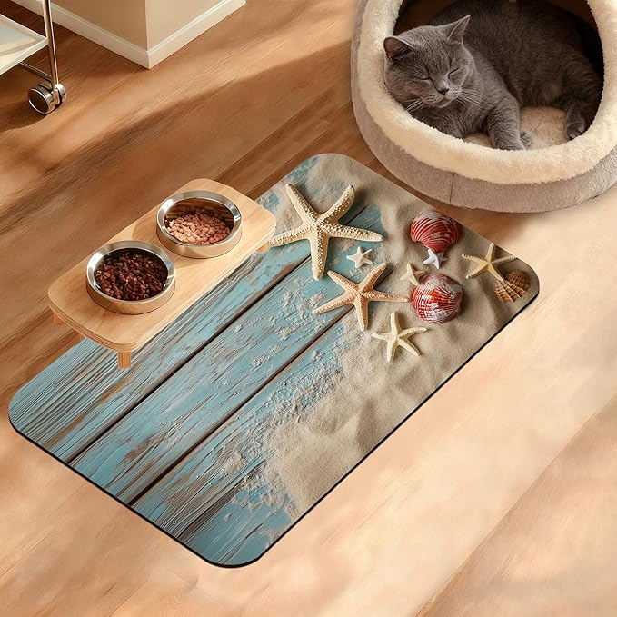 Sand Starfish Dog Cat Food Mat, Wood Board Absorbent Waterproof Placemat by Unknown
