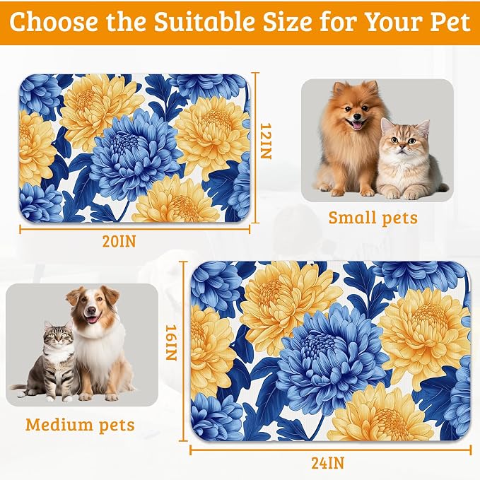 Blue Yellow Flowers Dog Food Mat, Absorbent Pet Feeding Mat - Image 6