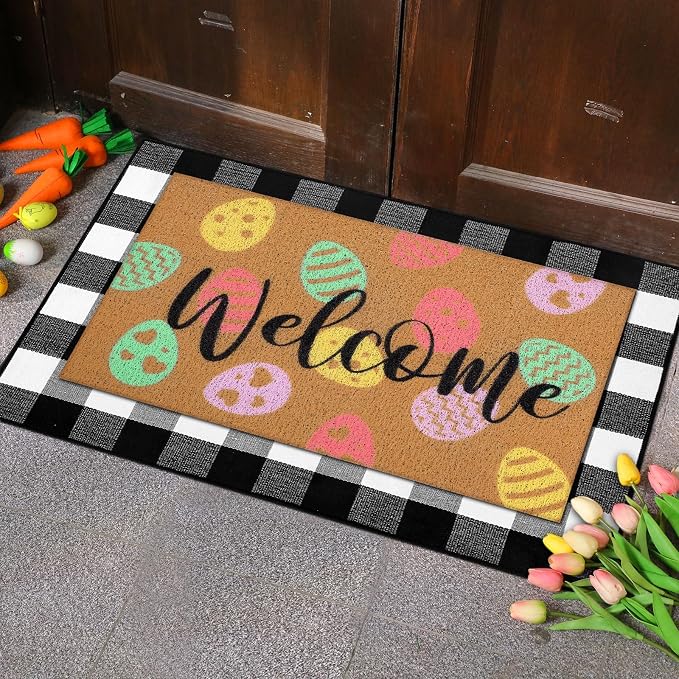 Tinideya 2 Pcs Easter Day Door Mat Eggs Welcome Non Slip Coir Mats Holiday - Image 8