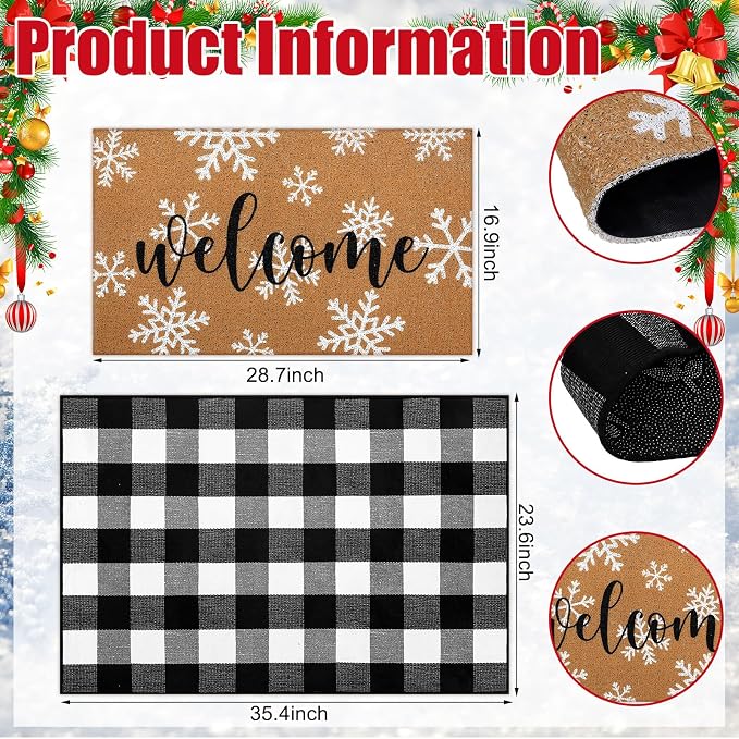 Tinideya 2 Pcs Winter Door Mat Outdoor Snowflake Welcome Mats - Image 3