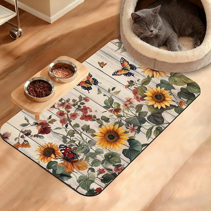 Pet Feeding Mat, Vintage Flower Absorbent Dog Cat Food Mat Rustic Wooden Dog Mat by Unknown