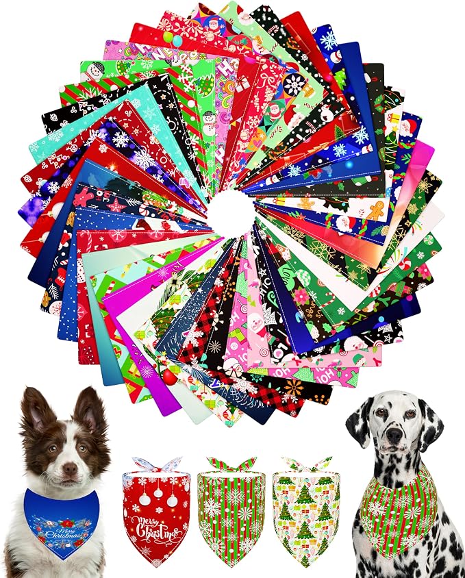 PET SHOW 50 Pack Christmas Big Dog Bandanas Bulk XL Washable Happy New Year by PETSHOW