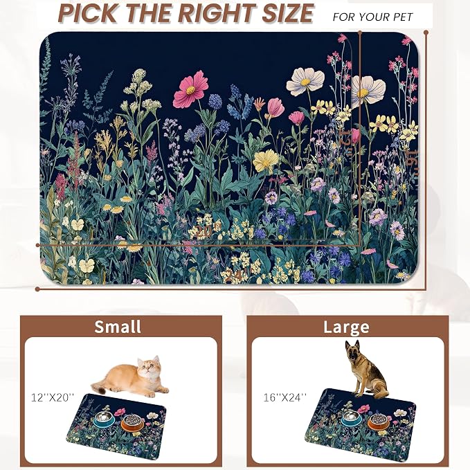 Wildflower Spring Floral Dog Cat Food Mat, Garden Flowers Absorbent Pet Feeding - Image 2