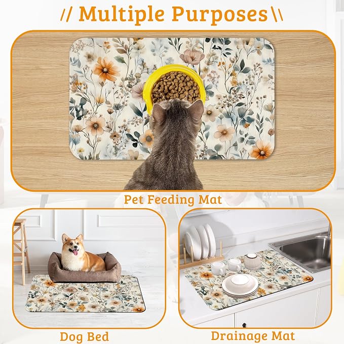Vintage Flowers Dog Cat Food Mat, Herbs Absorbent Waterproof Placemat - Image 7