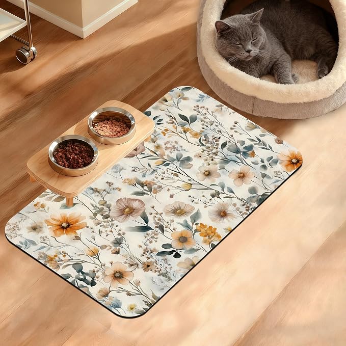 Vintage Flowers Dog Cat Food Mat, Herbs Absorbent Waterproof Placemat by Unknown