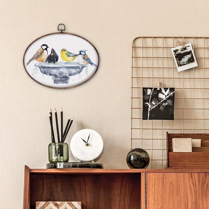DILSJ Bird Oval Wall Art Decor, Country Bird Bath Canvas Wall Art Framed - Image 5