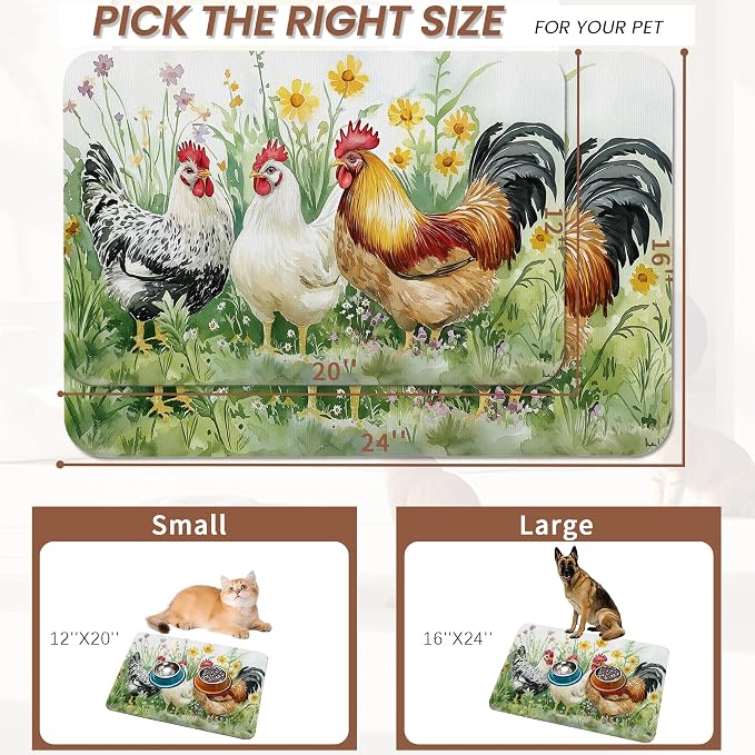 Chicken Rooster Dog Food Mat for Floors, Farm FlowerAbsorbent Pet Food and - Image 2