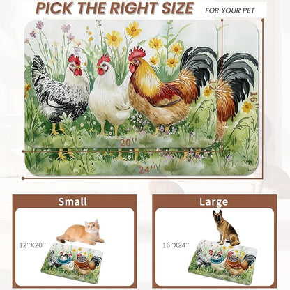 Chicken Rooster Dog Food Mat for Floors, Farm FlowerAbsorbent Pet Food and - Image 2