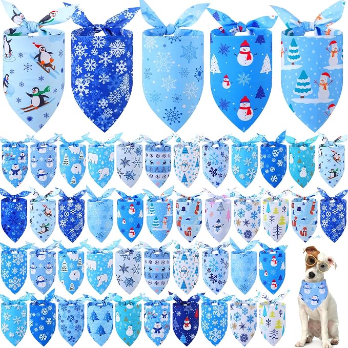 Abbylike 50 Pcs Winter Dog Bandanas Bulk Blue Snowflake Dog Bandanas by Abbylike