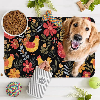 Chicken Rooster Hen Flower Meadow Dog Cat Food Mat, Absorbent Pet Feeding Mat - Image 7