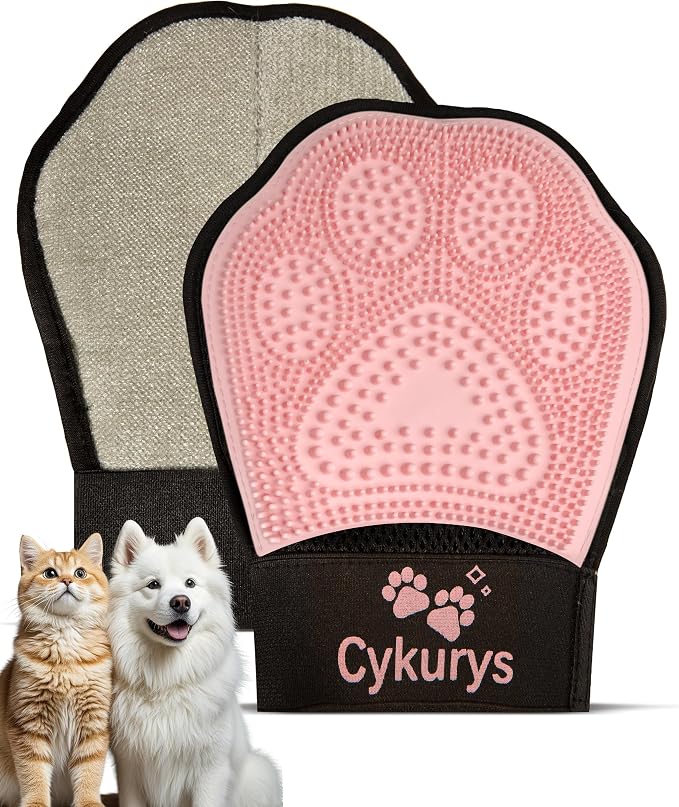 Pet Hair Removal Glove for Dogs & Cats, 2-in-1 Double-Sided Pet Grooming Tool by Cykurys