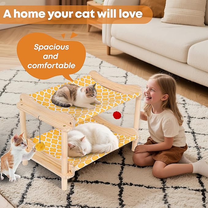 2-Layer Cat Hammock Bed, Breathable Washable Covers, Wooden Pet Furniture - Image 6
