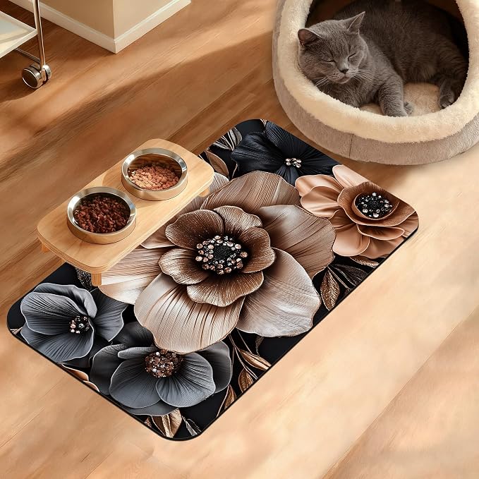 Black Brown Flower Feeding Mat, Artistic Absorbent Quick-Dry Cat Dog Food and by Unknown