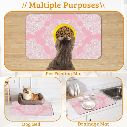 Pet Feeding Mat, Boho Mandala Absorbent Dog Cat Food Mat Pink Flower Dog Mat - Image 7