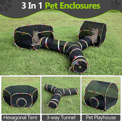 Outdoor Cat Enclosure with Cat Tunnel, Playhouse and Cat Toy Ball with Bell - Image 3