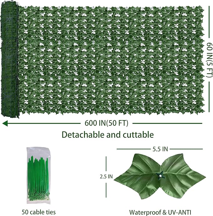 Artificial Fence Privacy Screen: 5FT x 50FT UV-Anti Faux Greenery Backdrop Ivy - Image 2