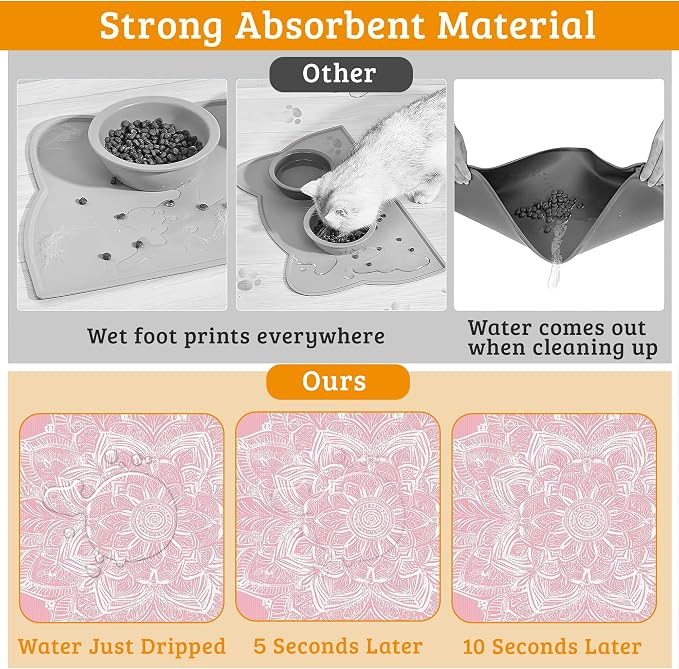 Pet Feeding Mat, Boho Mandala Absorbent Dog Cat Food Mat Pink Flower Dog Mat - Image 3