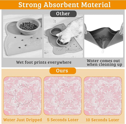 Pet Feeding Mat, Boho Mandala Absorbent Dog Cat Food Mat Pink Flower Dog Mat - Image 3