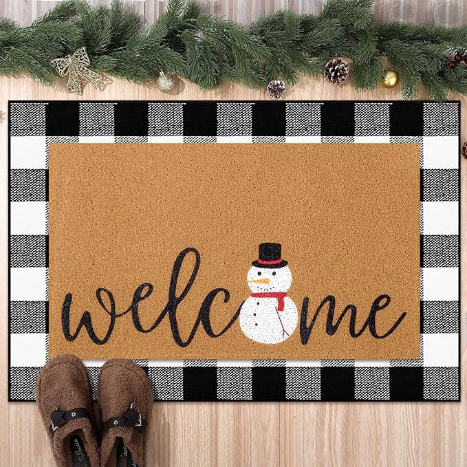 Tinideya 2 Pcs Winter Door Mat Snowman Welcome Non Slip Coir Mats Snow Black by Tinideya