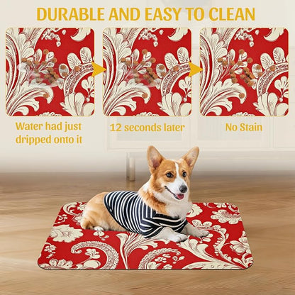 Red White Paisley Pet Food Mat, Absorbent Feeding Pad - Image 5