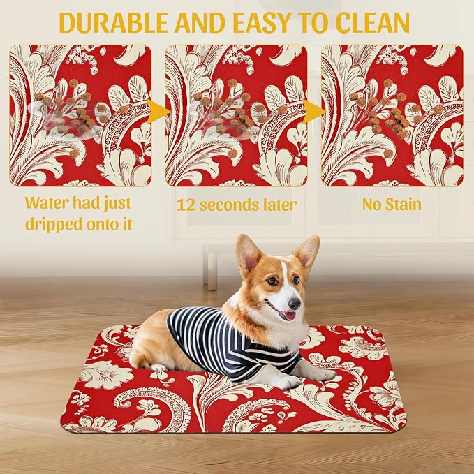 Red White Paisley Pet Food Mat, Absorbent Feeding Pad - Image 5