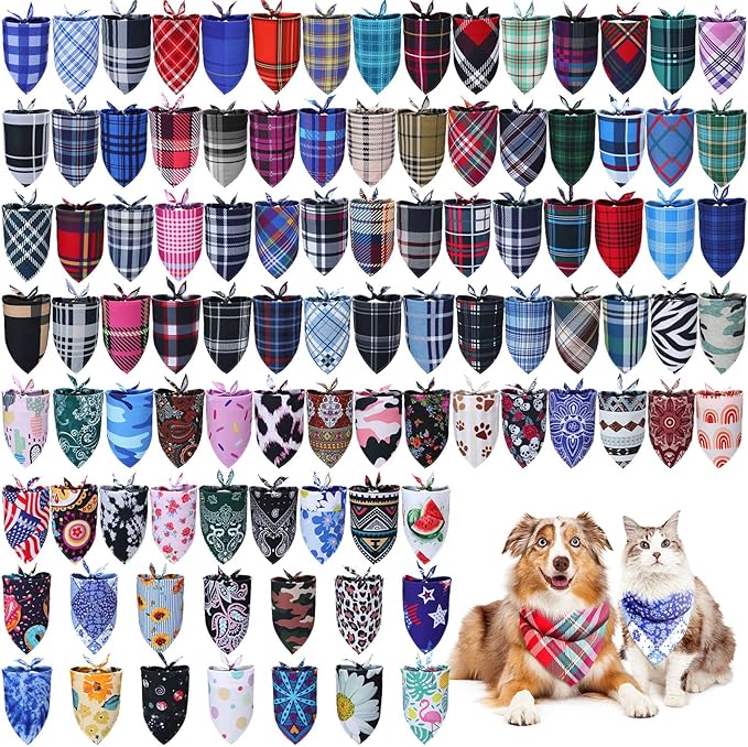 100 Pcs Plaid Dog Bandanas Bulk Pet Bibs Colorful Triangle Scarf Plaid Pet by Huhumy