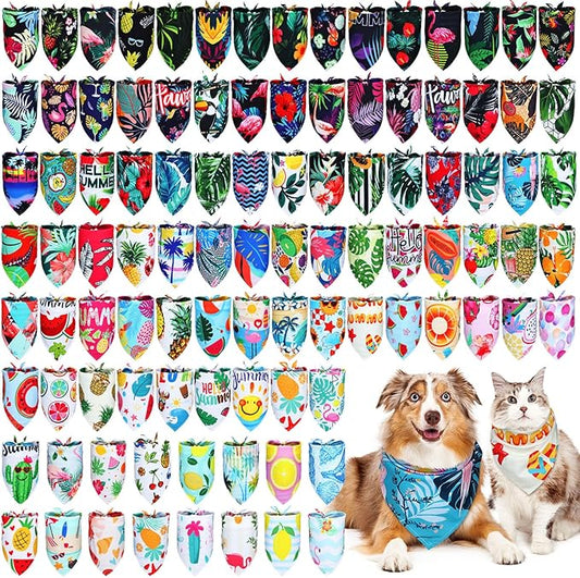 100 Pcs Hawaiian Dog Bandanas Bulk Pet Bibs Colorful Triangle Scarf Pet Bandanas by Huhumy