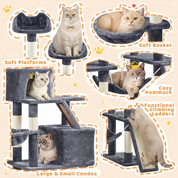 Yaheetech Cat Tree, 82.5in Large Tower w/Hammock, 2 Kitty-Ear Perches, 2 Cozy - Image 4