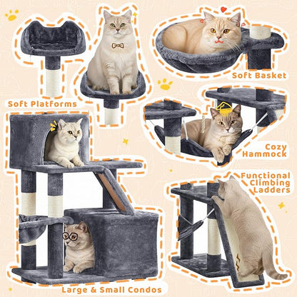 Yaheetech Cat Tree, 82.5in Large Tower w/Hammock, 2 Kitty-Ear Perches, 2 Cozy - Image 4