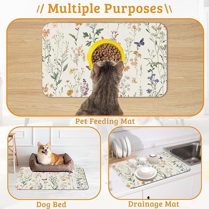Wildflowers Butterfly Dog Cat Food Mat, Plants Absorbent Waterproof Placemat - Image 7