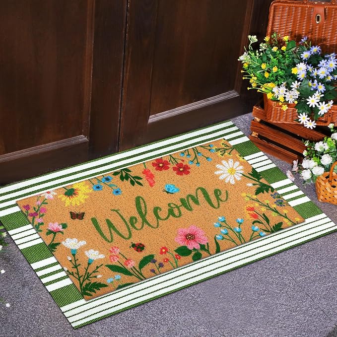 Tinideya 2 Pcs Spring Welcome Door Mat Floral Outdoor Layered Doormats - Image 3