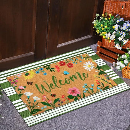 Tinideya 2 Pcs Spring Welcome Door Mat Floral Outdoor Layered Doormats - Image 3