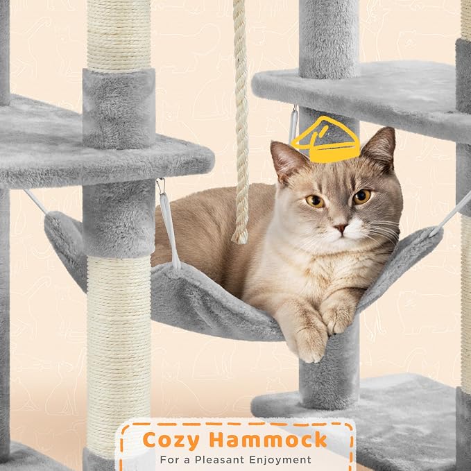 Yaheetech Cat Tree, 82.5in Large Tower w/Hammock, 2 Kitty-Ear Perches, 2 Cozy - Image 7