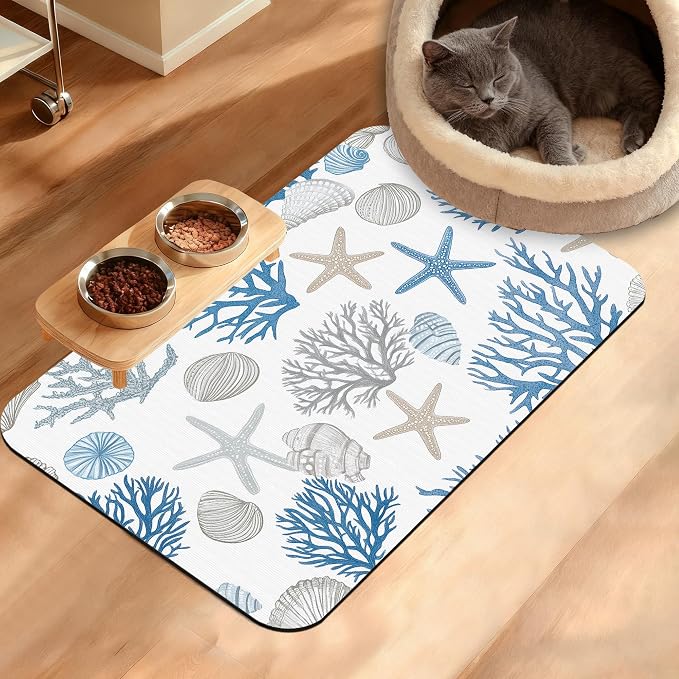 Seashell Beach Feeding Mat, Coral Starfish Absorbent Quick-Dry Cat Dog Food and by Unknown
