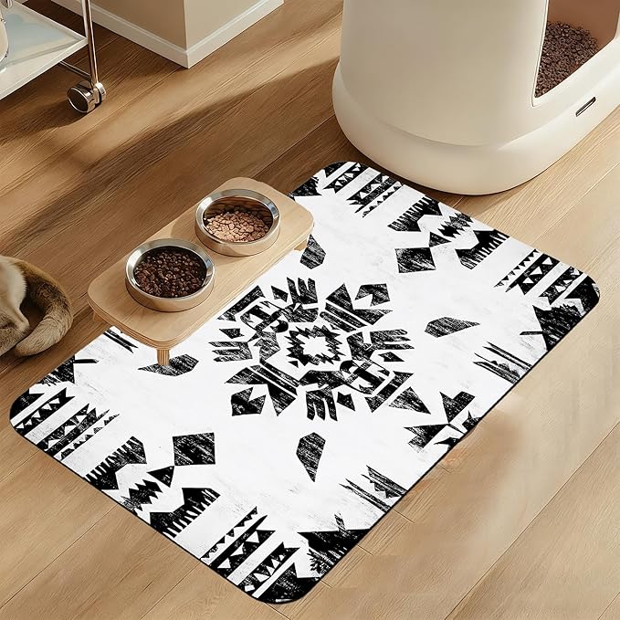 Black Boho Art Dog Food Mat–Christmas Stocking Absorbent Quick Dry Feeding by LUTASER