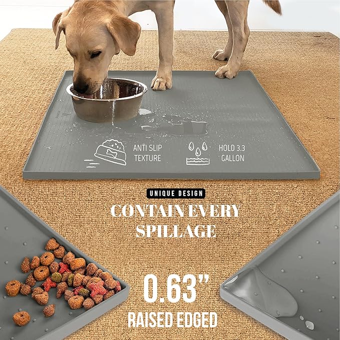 AVERYDAY 100% Waterproof Thicker Silicone Dog Food Mat, 0.63'' Raised Edge Bowl - Image 3