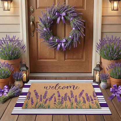 Tinideya 2 Pcs Lavender Door Mat Purple and White Stripe Welcome Non Slip Coir by Tinideya