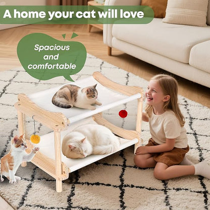 2-Layer Cat Hammock Bed, Breathable Washable Covers, Wooden Pet Furniture - Image 6