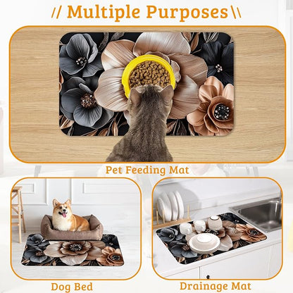 Black Brown Flower Feeding Mat, Artistic Absorbent Quick-Dry Cat Dog Food and - Image 7