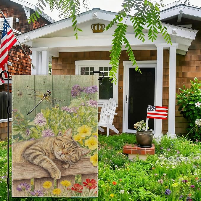 Sleeping Cat Garden Flag Double Sided Home Decorative, Spring Summer Garden - Image 2
