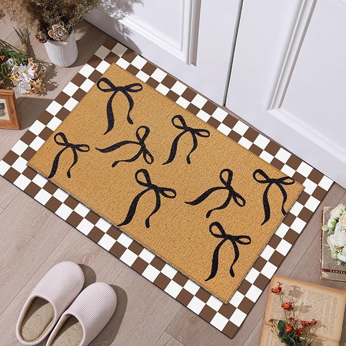 Tinideya 2 Pcs Boho Bows Door Mat Welcome Non Slip Coir Mats Floor Layering - Image 2