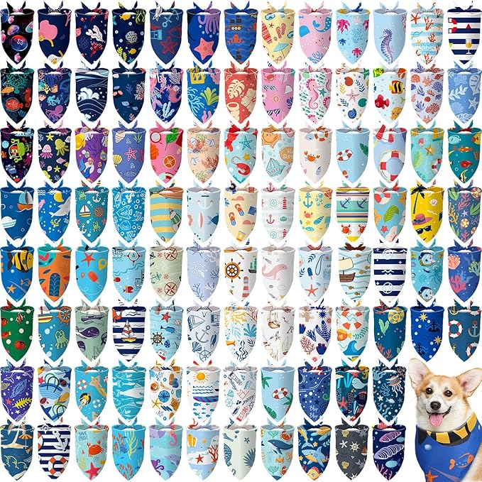 100 Pcs Ocean Dog Bandanas Bulk Pet Bibs Colorful Triangle Pet Ocean Scarf by Huhumy