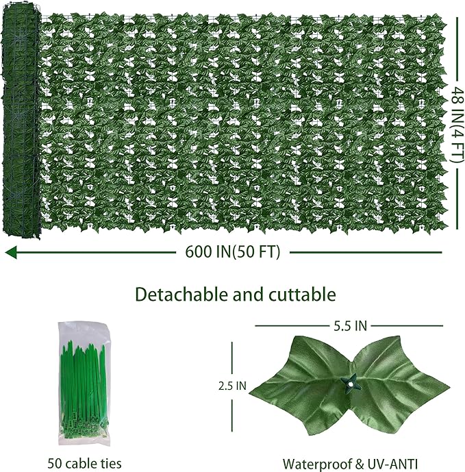 Artificial Fence Privacy Screen: 4FT x 50FT UV-Anti Faux Greenery Backdrop Ivy - Image 2