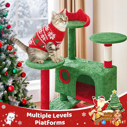 Yaheetech 54in Christmas Cat Tree, 2 Cozy Caves, Scratching Posts, Climbing - Image 5
